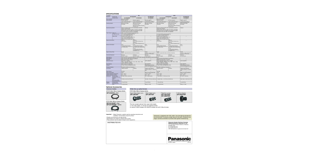 Panasonic GP-US742CU Distributed By, Specifications, Optional Accessories, Camera Cables, GP-CA522/4 4 m, GP-LM3TAP 