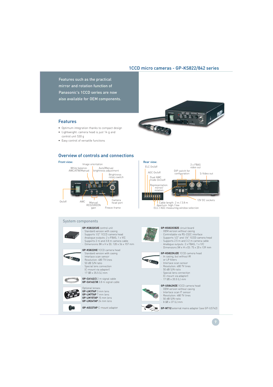 Panasonic GP-KS842, GP-US932 1CCD micro cameras GP-KS822/842 series, GP-KS822CUE control unit, GP-KS822CBZE circuit board 