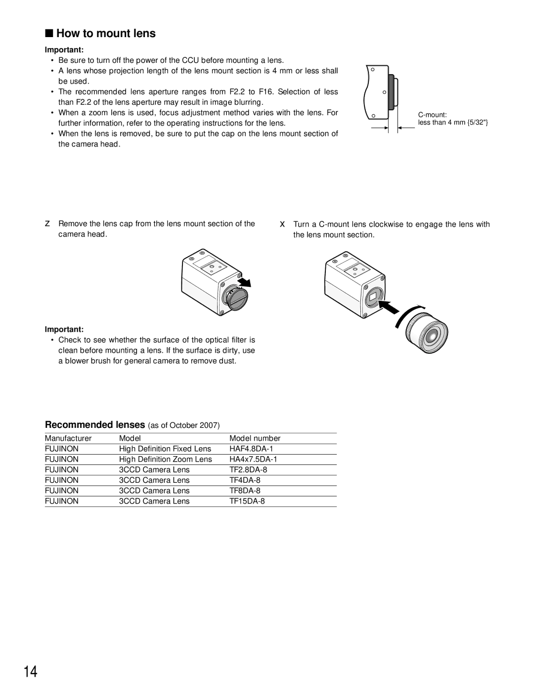 Panasonic GP-US932CU, GP-US932CUE, GP-US932CUS, GP-US932CUSE operating instructions How to mount lens 