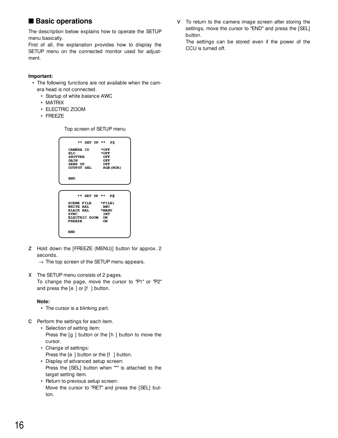 Panasonic GP-US932CUS, GP-US932CUE operating instructions Basic operations, Matrix Electric Zoom Freeze 