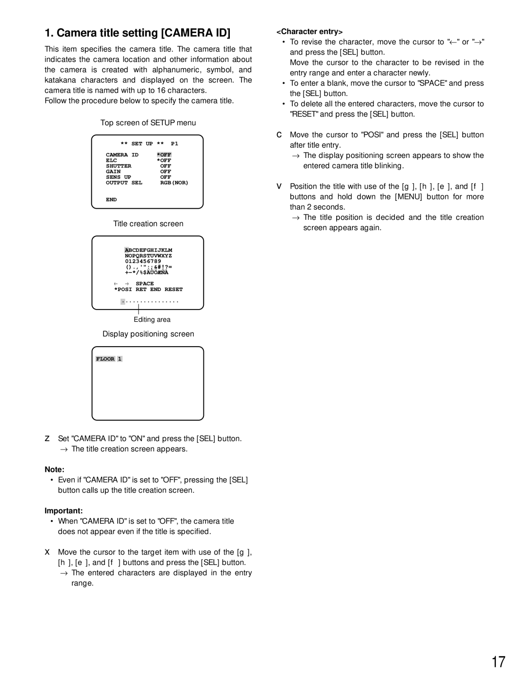 Panasonic GP-US932CUS, GP-US932CUE operating instructions Camera title setting Camera ID, Character entry 