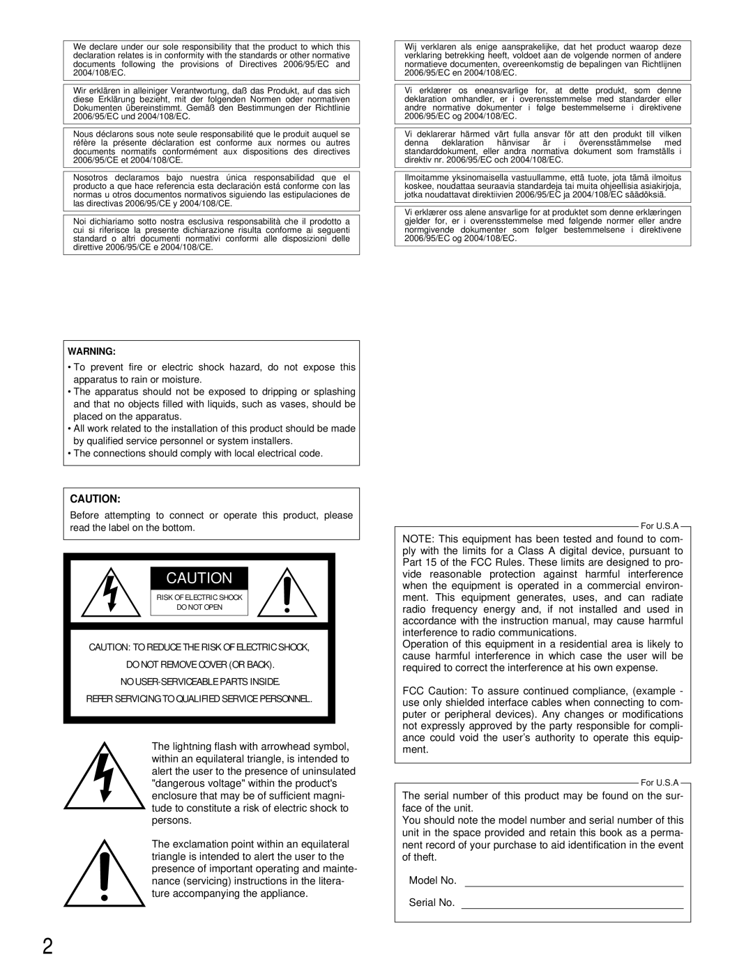 Panasonic GP-US932CU, GP-US932CUE, GP-US932CUS, GP-US932CUSE Risk of Electric Shock Do not Open 