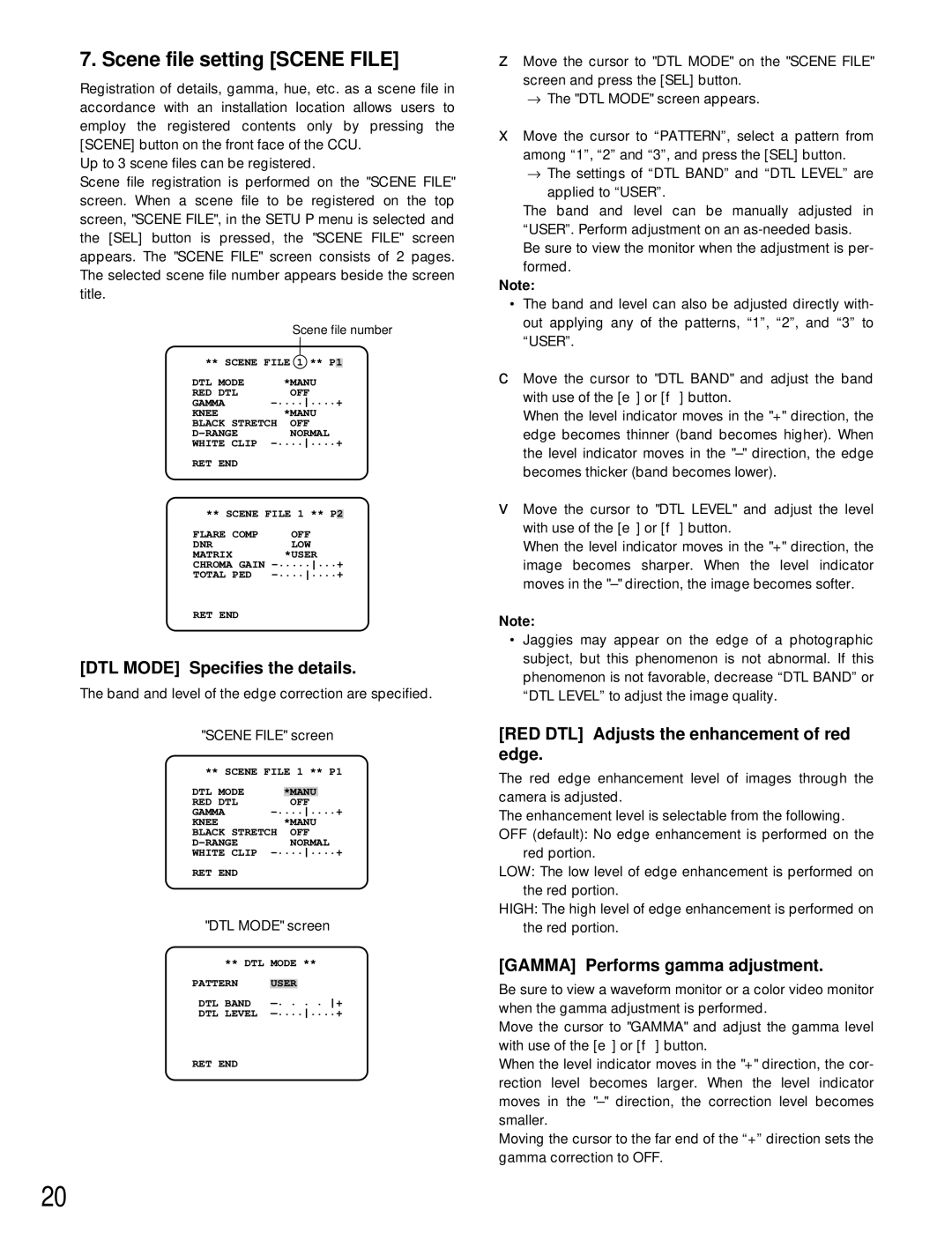 Panasonic GP-US932CU Scene file setting Scene File, DTL Mode Specifies the details, Gamma Performs gamma adjustment 