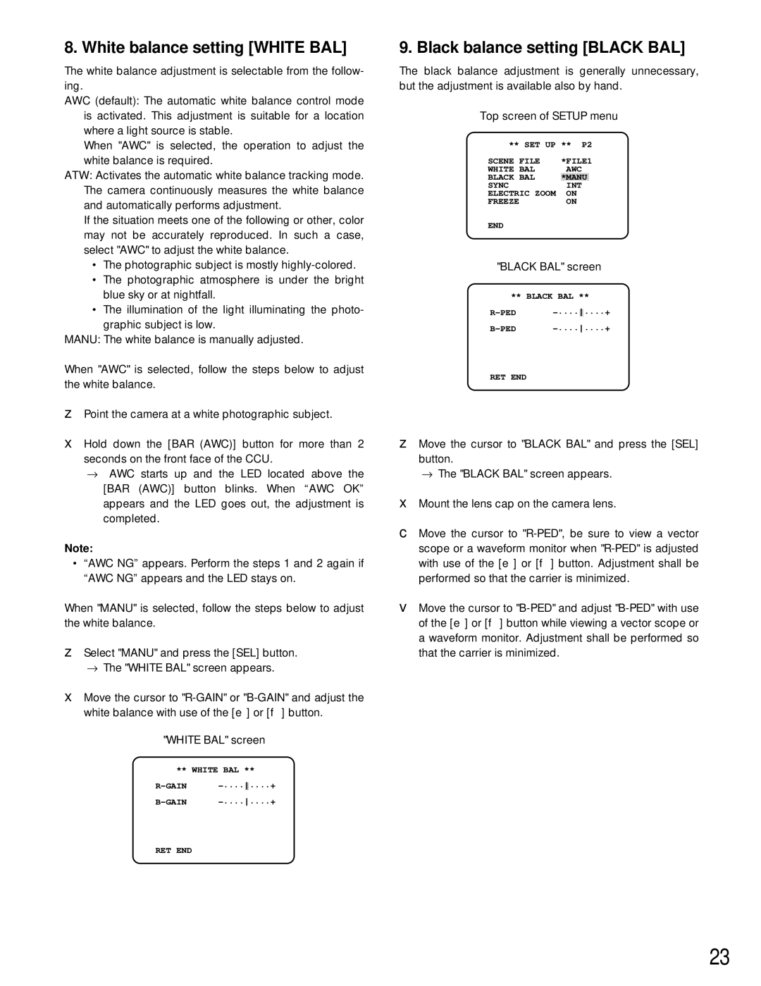 Panasonic GP-US932CU, GP-US932CUE, GP-US932CUS, GP-US932CUSE operating instructions White balance setting White BAL 