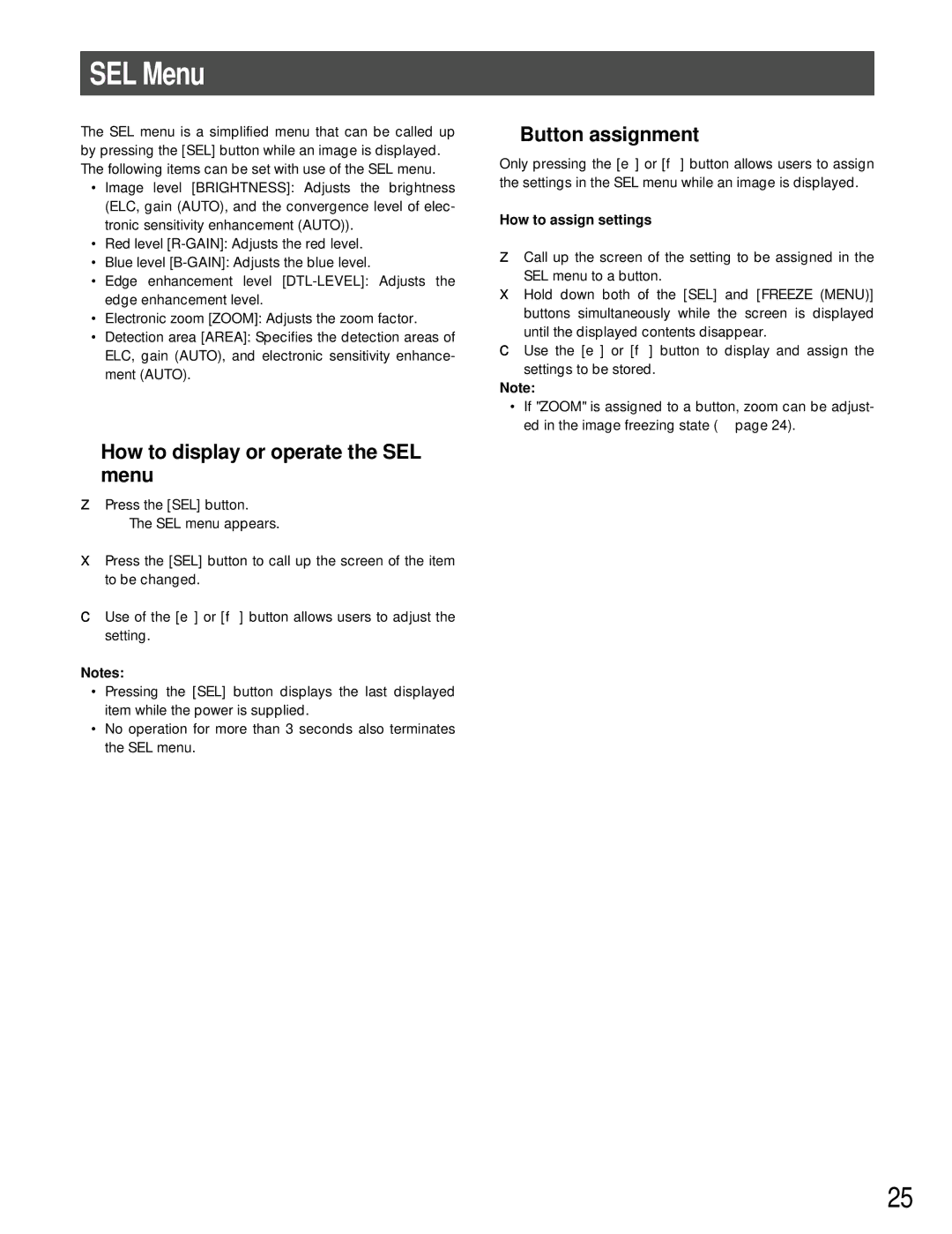 Panasonic GP-US932CUS SEL Menu, How to display or operate the SEL menu, Button assignment, How to assign settings 