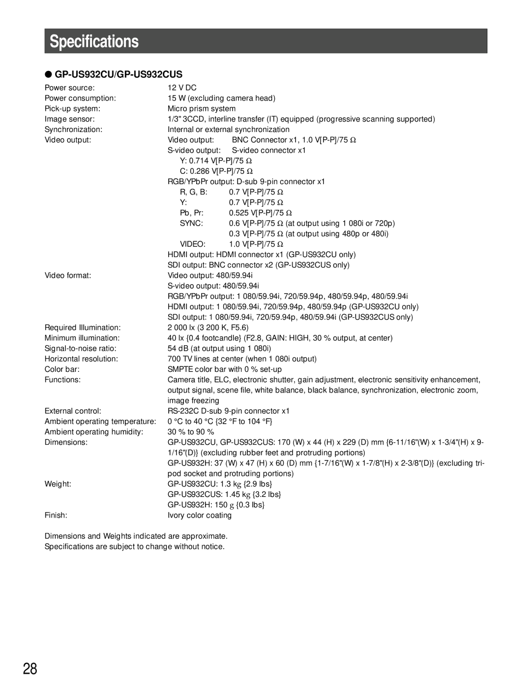 Panasonic GP-US932CU, GP-US932CUE, GP-US932CUS, GP-US932CUSE Specifications, GP-US932CU/GP-US932CUS 