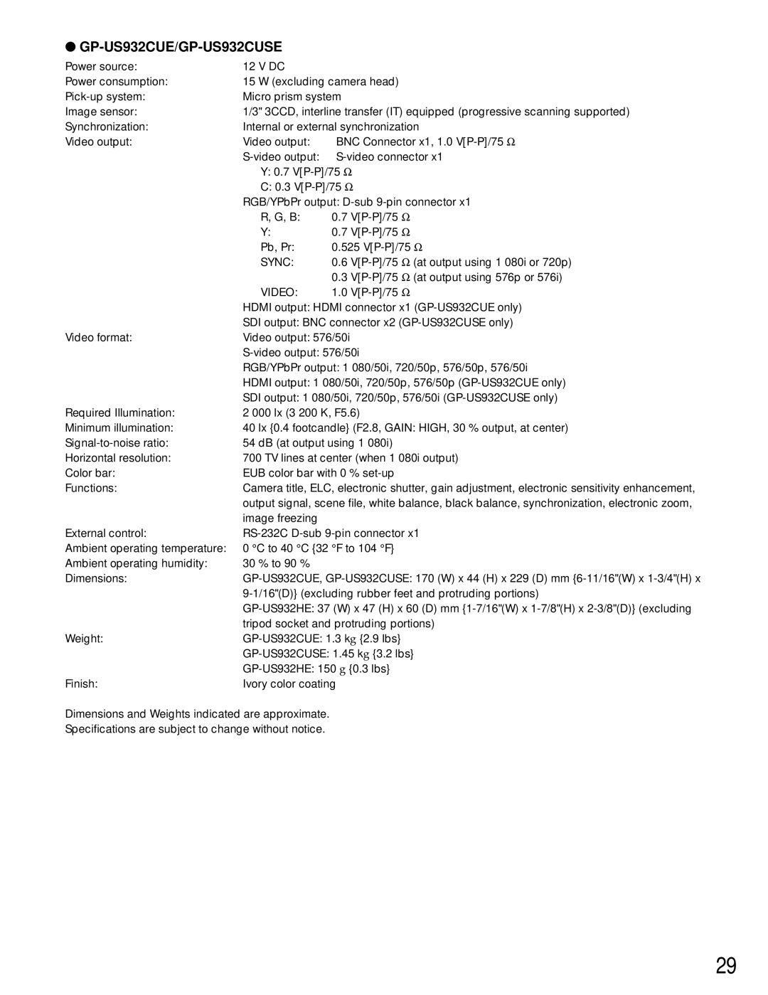 Panasonic GP-US932CU, GP-US932CUE, GP-US932CUS, GP-US932CUSE operating instructions GP-US932CUE/GP-US932CUSE 