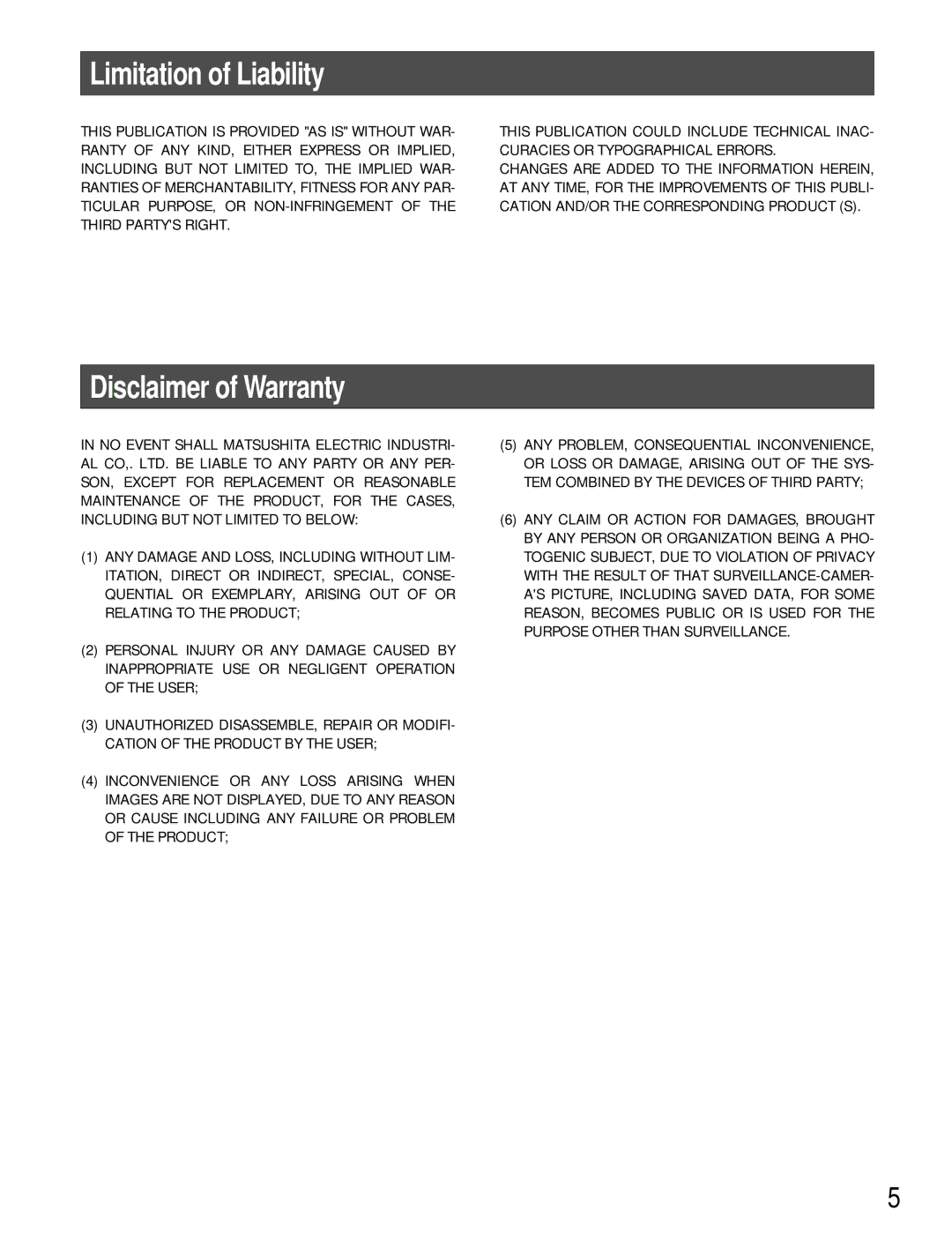 Panasonic GP-US932CUS, GP-US932CUE operating instructions Limitation of Liability, Disclaimer of Warranty 