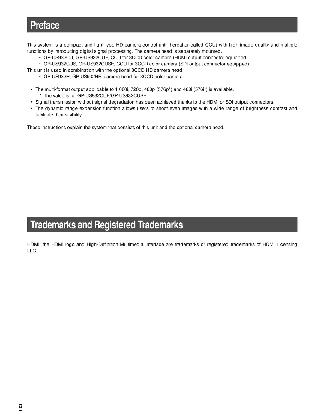 Panasonic GP-US932CUS, GP-US932CUE operating instructions Preface, Trademarks and Registered Trademarks 