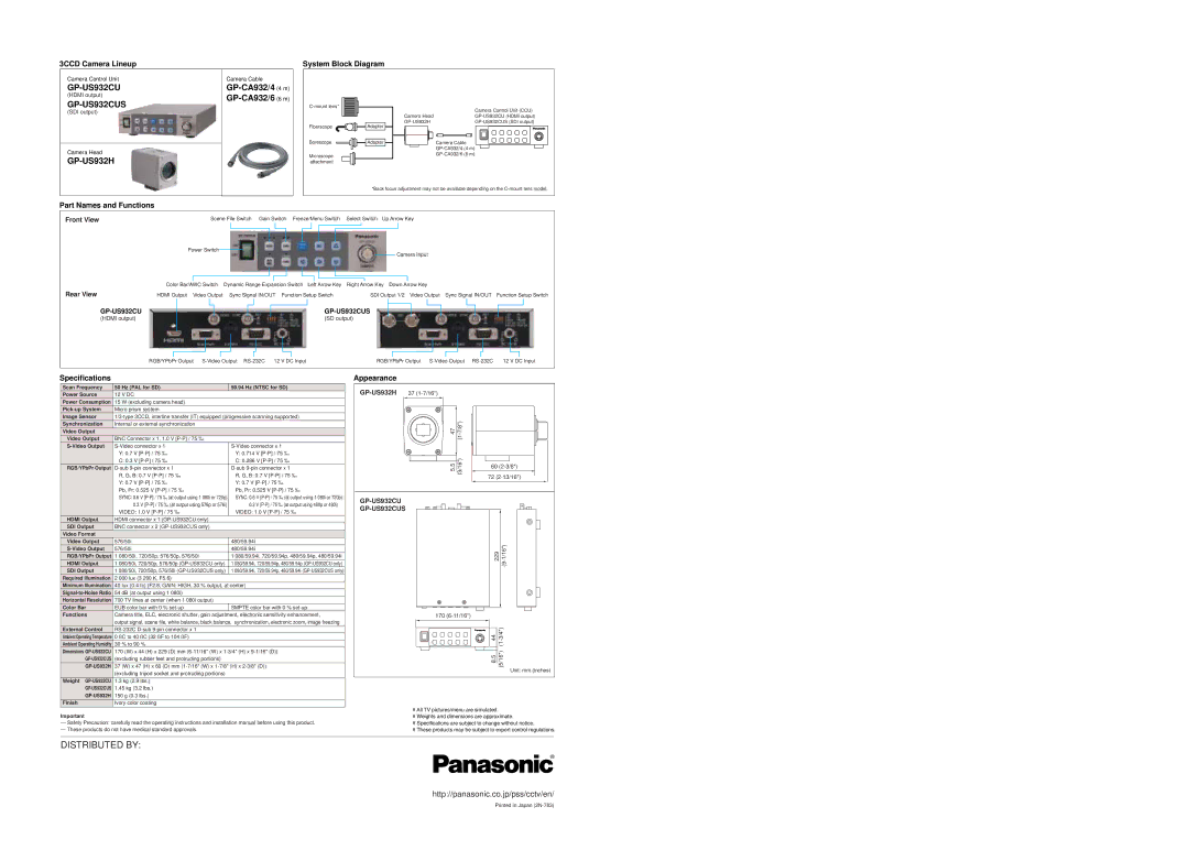 Panasonic GP-US932H 3CCD Camera Lineup, System Block Diagram, Part Names and Functions, Specifications, Appearance 