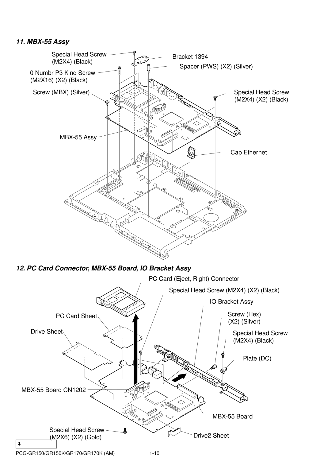 Panasonic PCG-GR150, GR170K, GR150K service manual MBX-55 Assy, PC Card Connector, MBX-55 Board, IO Bracket Assy 