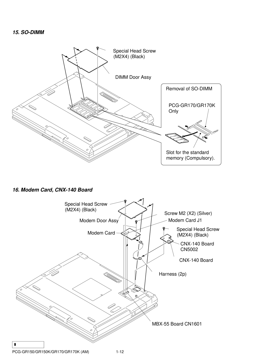 Panasonic GR170K, PCG-GR150, GR150K service manual So-Dimm, Modem Card, CNX-140 Board 