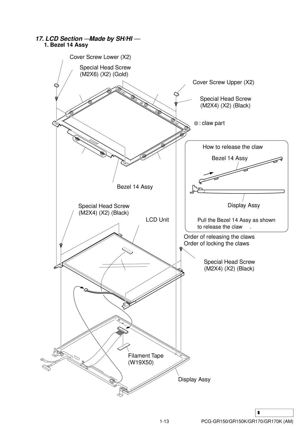 Panasonic GR170K, PCG-GR150, GR150K service manual LCD Section Made by SH/HI, Bezel 14 Assy 