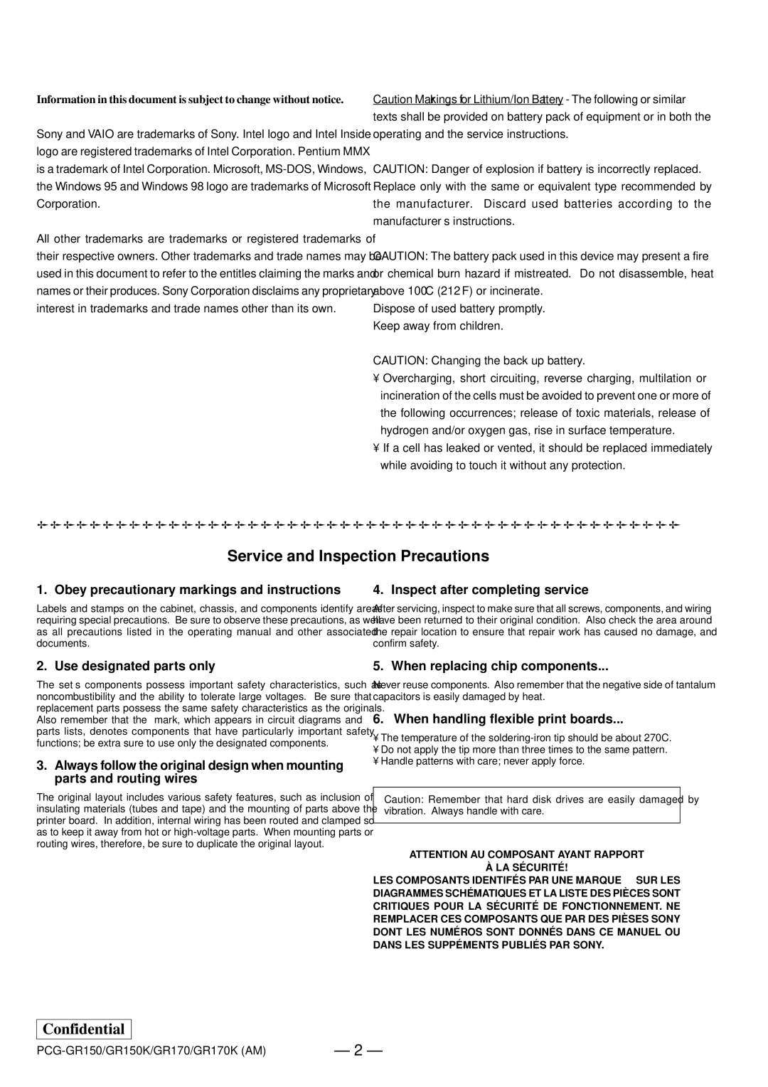 Panasonic GR150K, GR170K, PCG-GR150 service manual Service and Inspection Precautions 