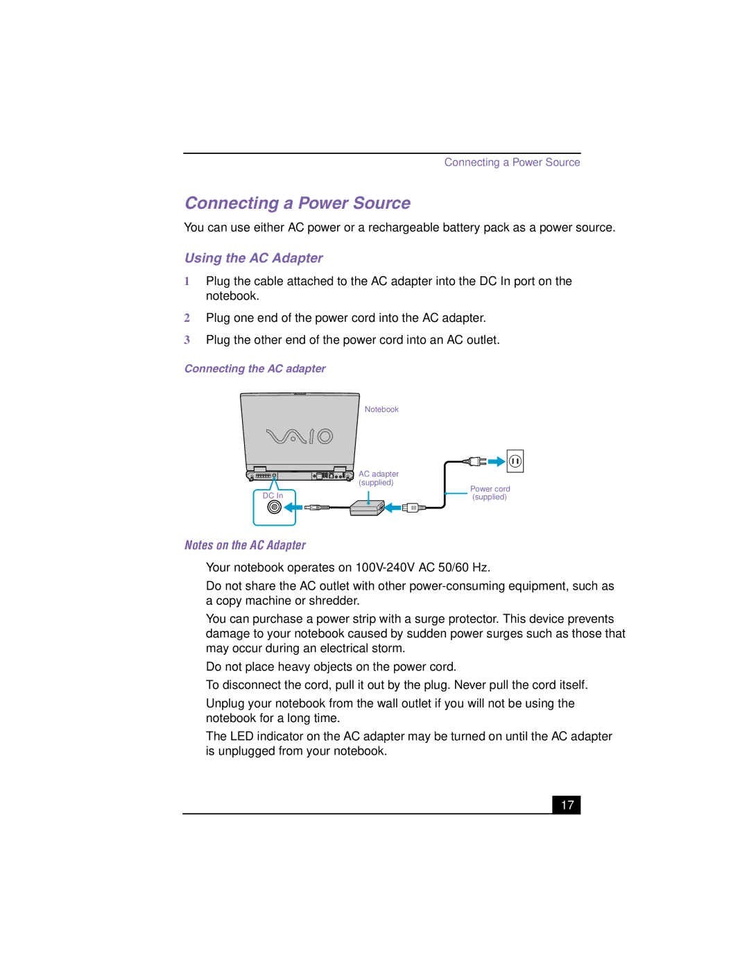 Panasonic GR170K, PCG-GR150, GR150K service manual Connecting a Power Source, Using the AC Adapter 