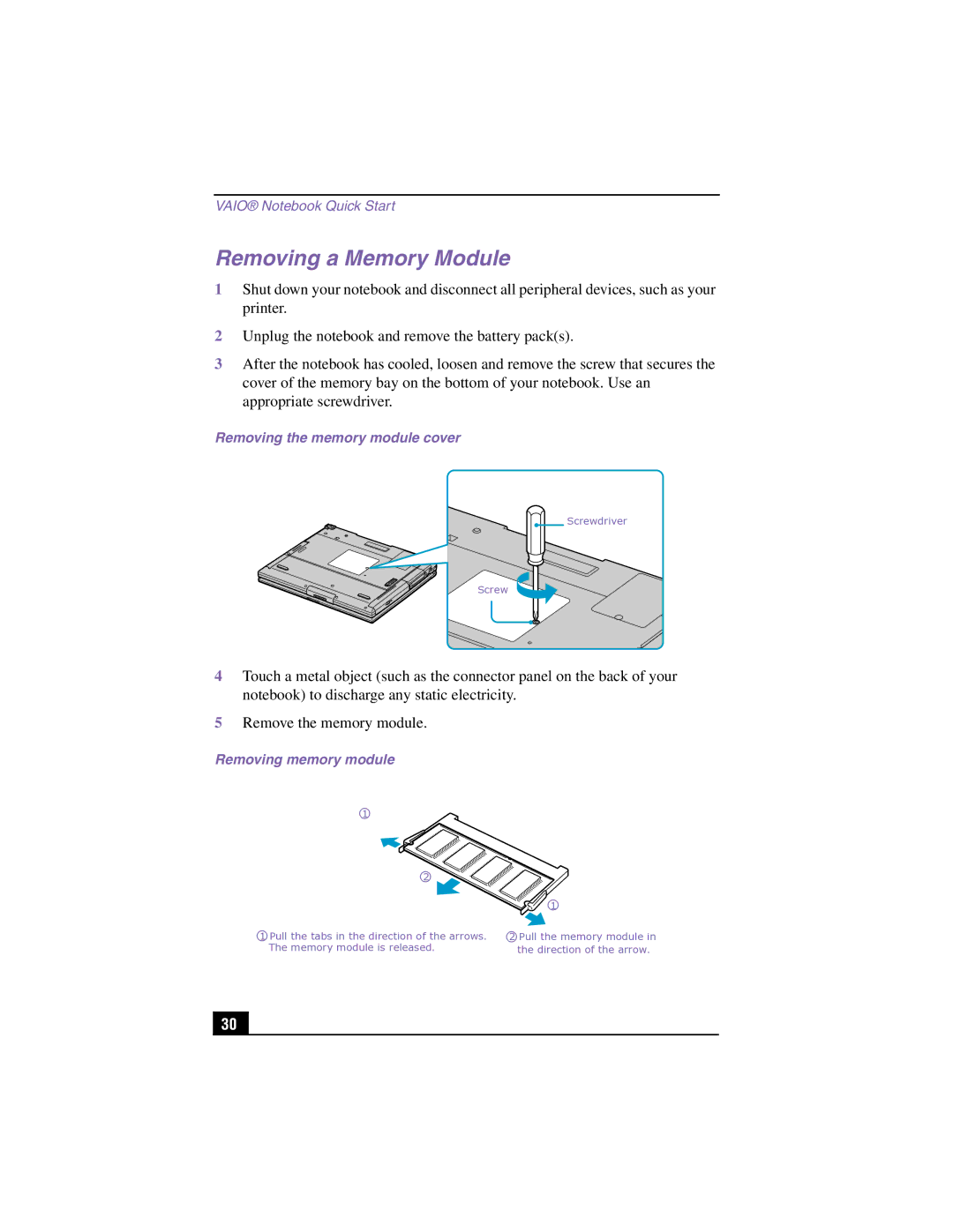 Panasonic GR170K, PCG-GR150, GR150K service manual Removing a Memory Module, Removing memory module 