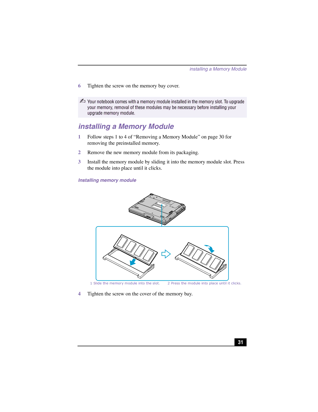 Panasonic PCG-GR150, GR170K, GR150K service manual Installing a Memory Module, Tighten the screw on the memory bay cover 