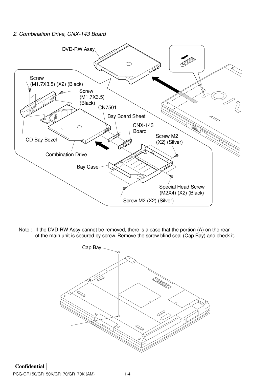 Panasonic GR170K, PCG-GR150, GR150K service manual Combination Drive, CNX-143 Board, Screw M1.7X3.5 X2 Black 