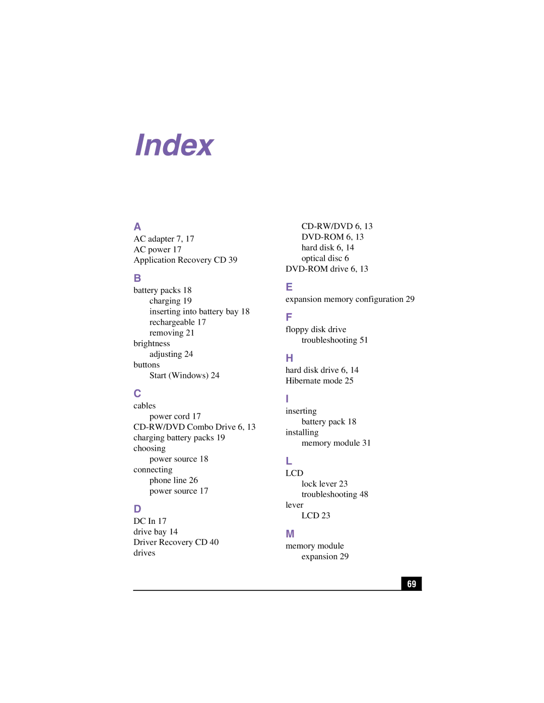 Panasonic GR170K, PCG-GR150, GR150K service manual Index 