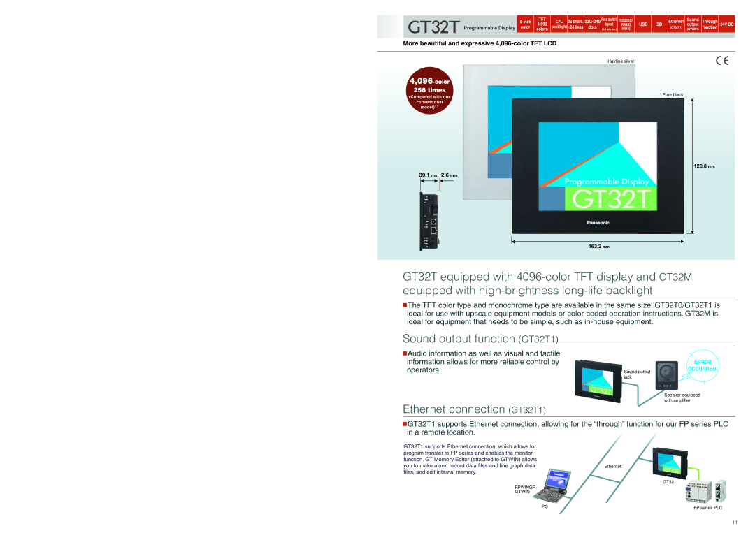 Panasonic GT21C, GT01R, GT32M/T, GT11 specifications Sound output function GT32T1, Ethernet connection GT32T1 