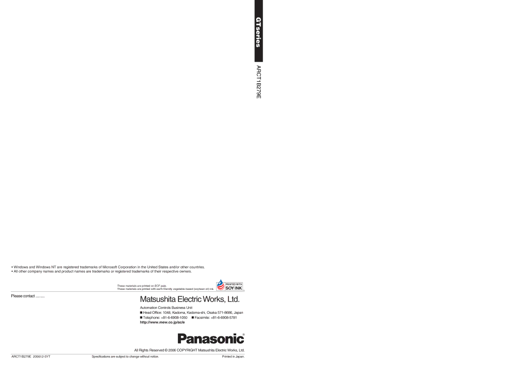 Panasonic GT01R, GT21C, GT32M/T, GT11 specifications GTseries 