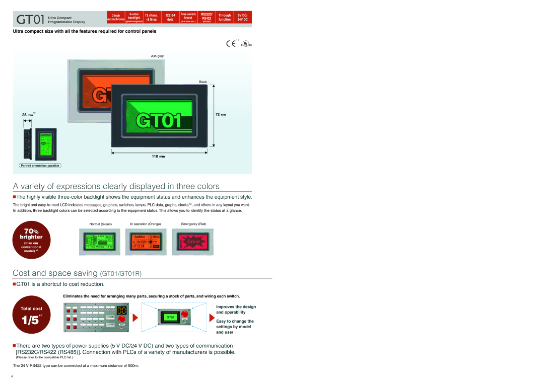 Panasonic GT11, GT21C, GT32M/T Variety of expressions clearly displayed in three colors, Cost and space saving GT01/GT01R 