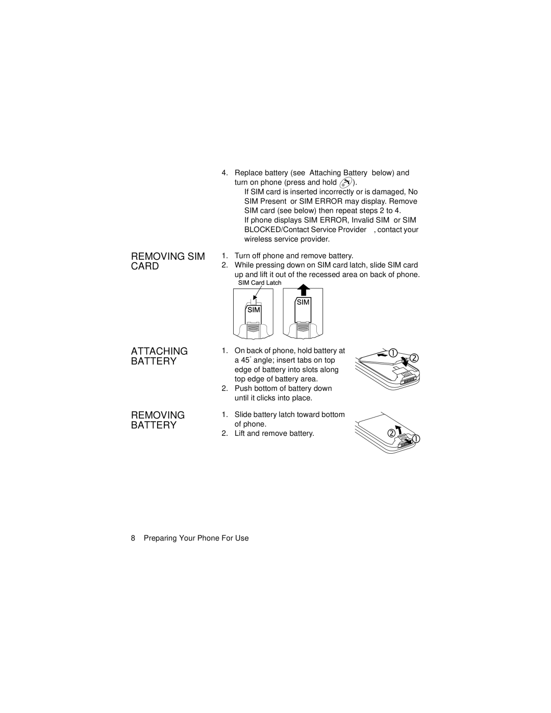 Panasonic GU87 manual Removing SIM Card Attaching Battery 