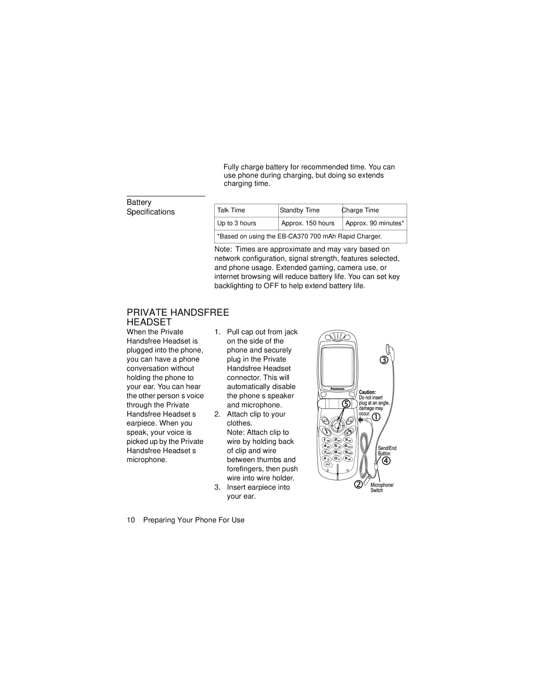 Panasonic GU87 manual Private Handsfree Headset, Battery Specifications 