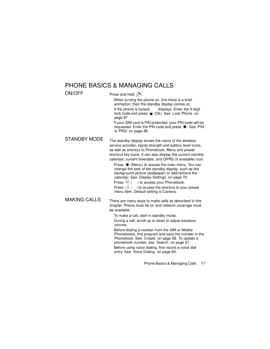 Panasonic GU87 manual Phone Basics & Managing Calls, On/Off 