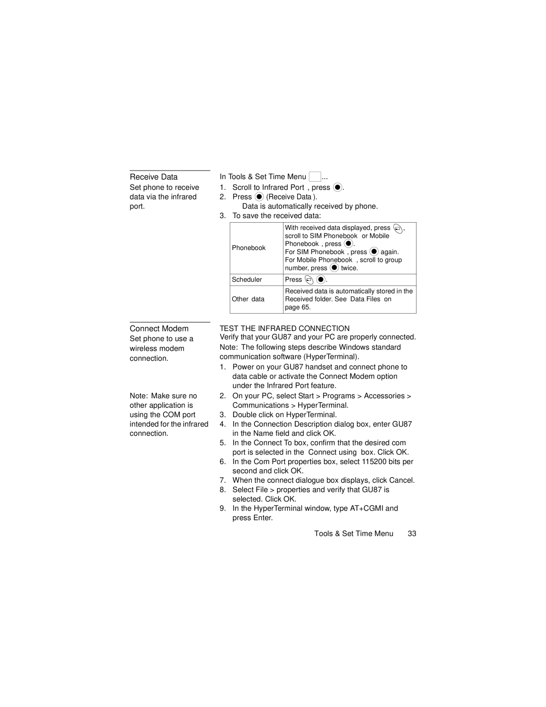 Panasonic GU87 manual Receive Data, Connect Modem, Test the Infrared Connection 