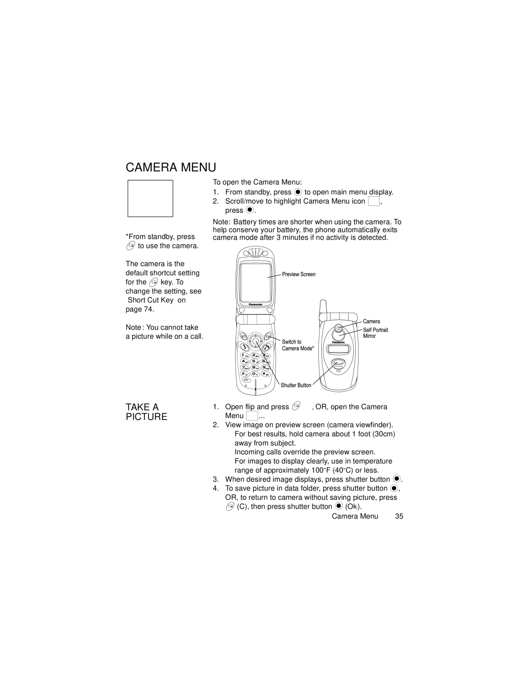 Panasonic GU87 manual Camera Menu, Take a Picture 