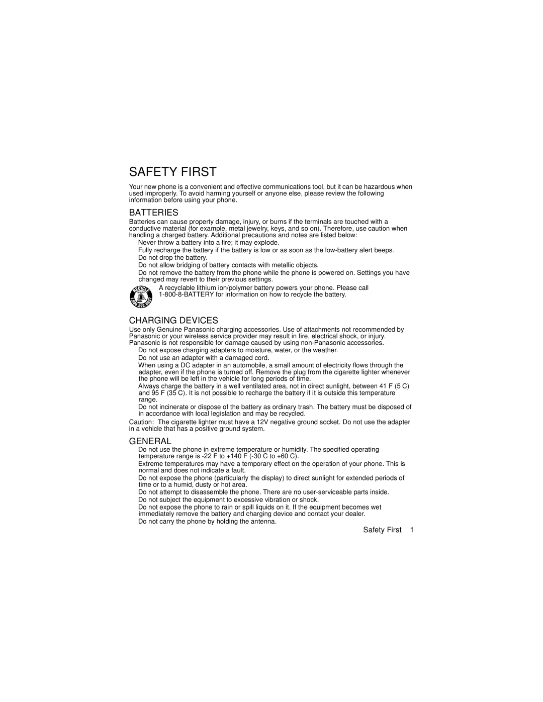 Panasonic GU87 manual Safety First, Batteries 