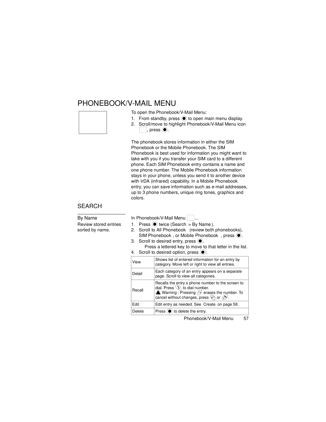 Panasonic GU87 manual PHONEBOOK/V-MAIL Menu, Twice Search By Name, SIM Phonebook, or Mobile Phonebook, press 