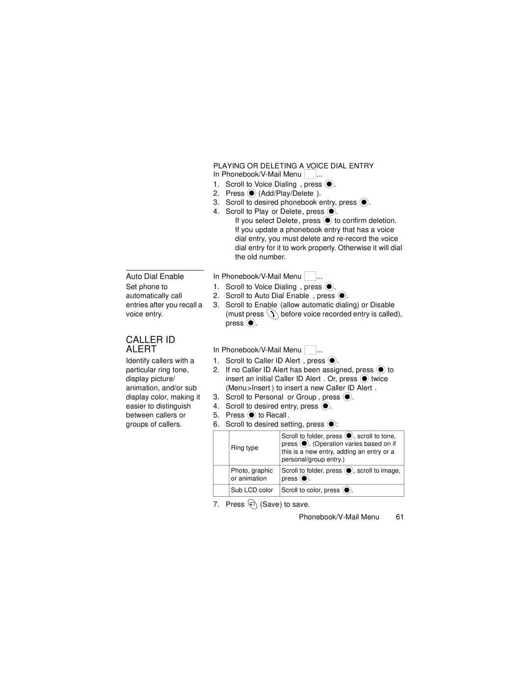 Panasonic GU87 manual Caller ID Alert, Auto Dial Enable, Playing or Deleting a Voice Dial Entry 