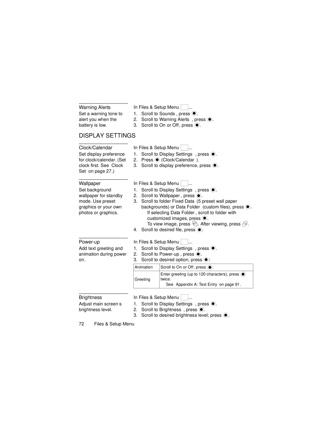 Panasonic GU87 manual Display Settings, Wallpaper, Power-up, Press Clock/Calendar 