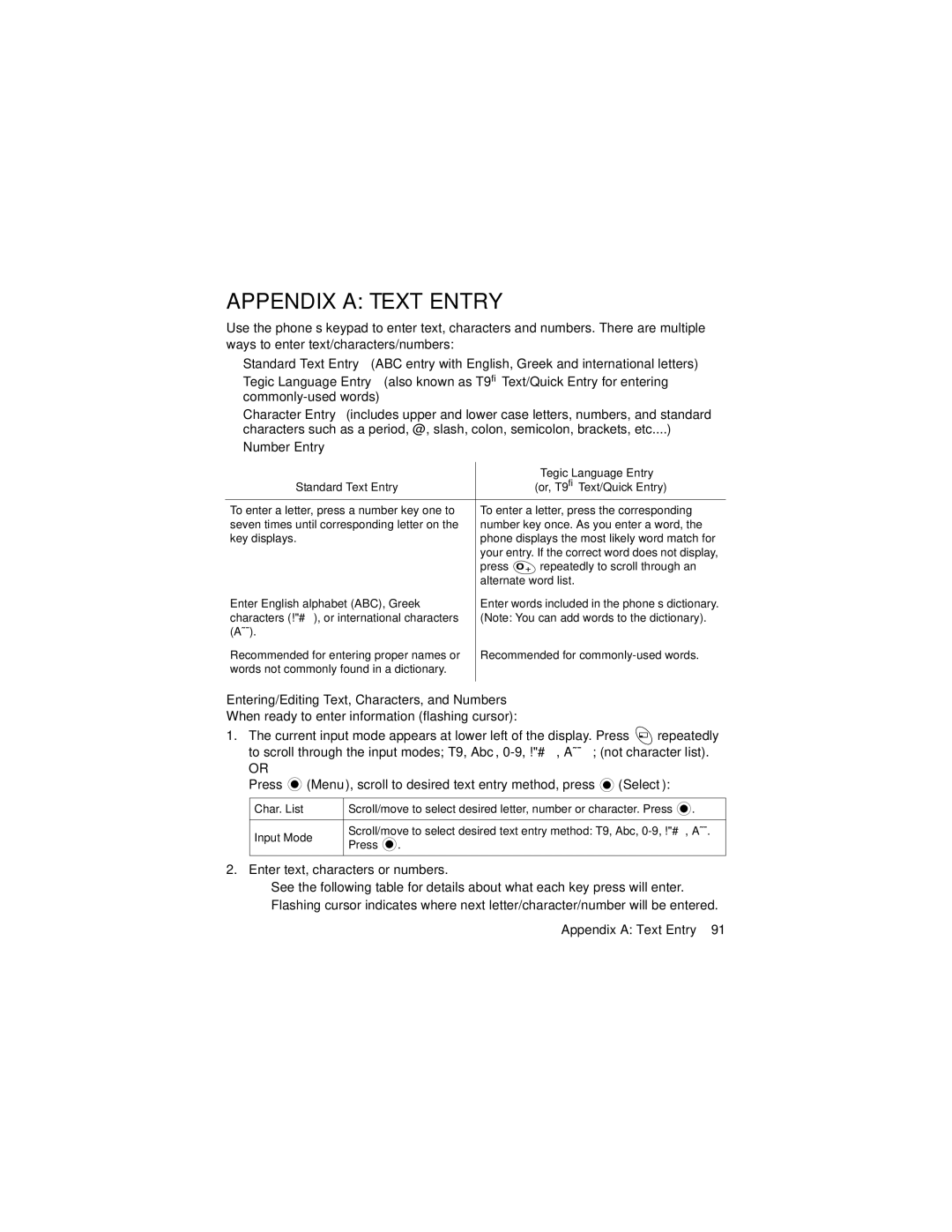 Panasonic GU87 manual Appendix a Text Entry, Number Entry, Entering/Editing Text, Characters, and Numbers 