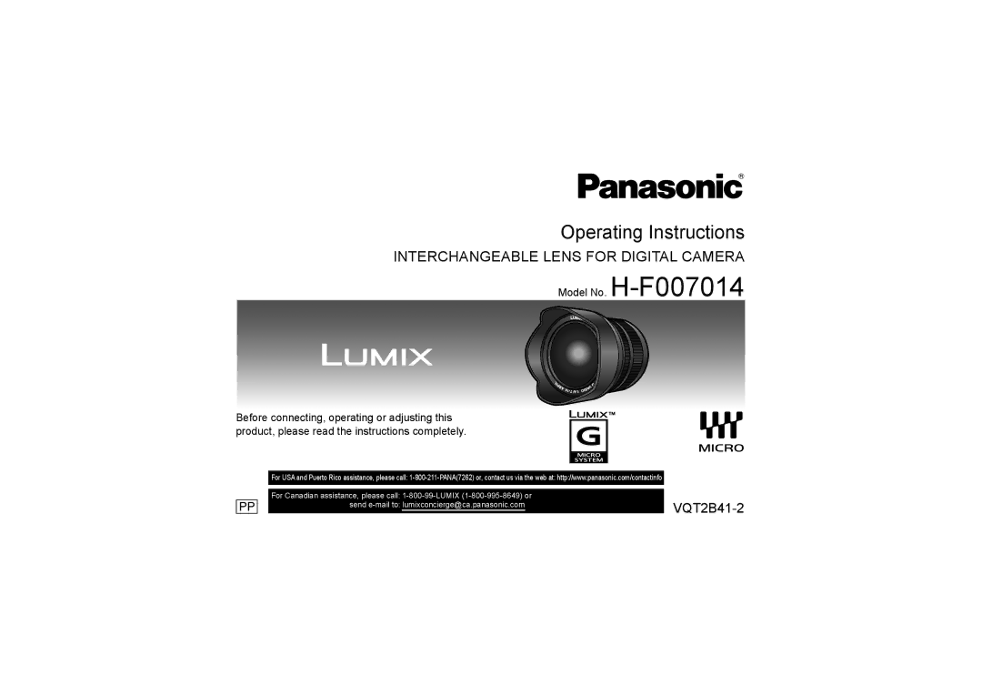 Panasonic operating instructions Operating Instructions, Model No. H-F007014 