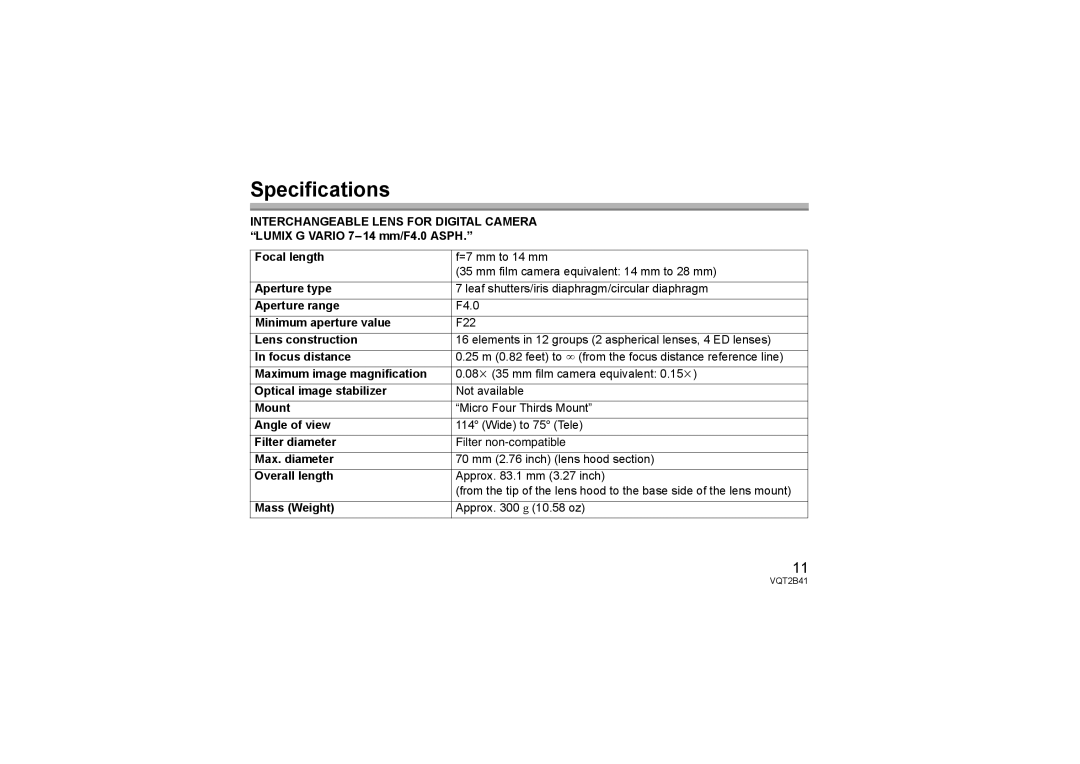 Panasonic H-F007014 operating instructions Specifications 