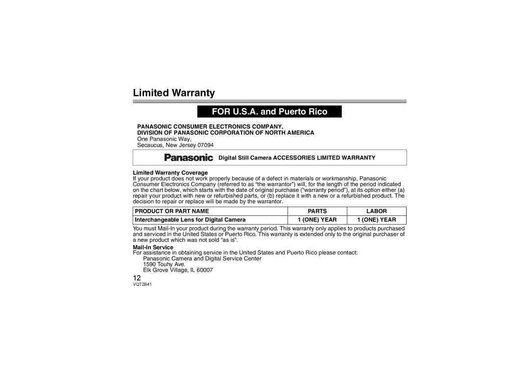 Panasonic H-F007014 operating instructions Limited Warranty 