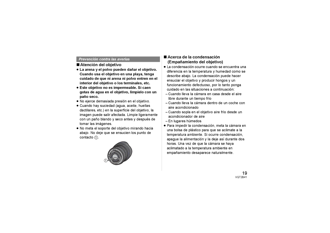 Panasonic H-F007014 operating instructions Atención del objetivo, Acerca de la condensación Empañamiento del objetivo 