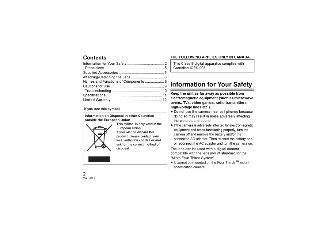 Panasonic H-F007014 operating instructions Information for Your Safety, Contents 