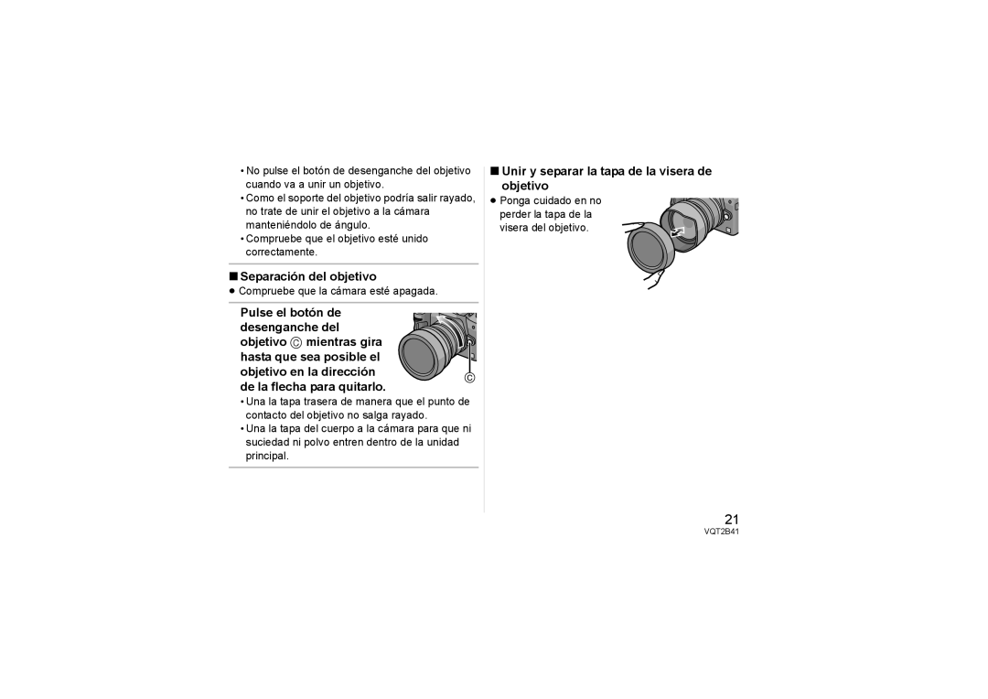 Panasonic H-F007014 operating instructions Separación del objetivo, Unir y separar la tapa de la visera de Objetivo 