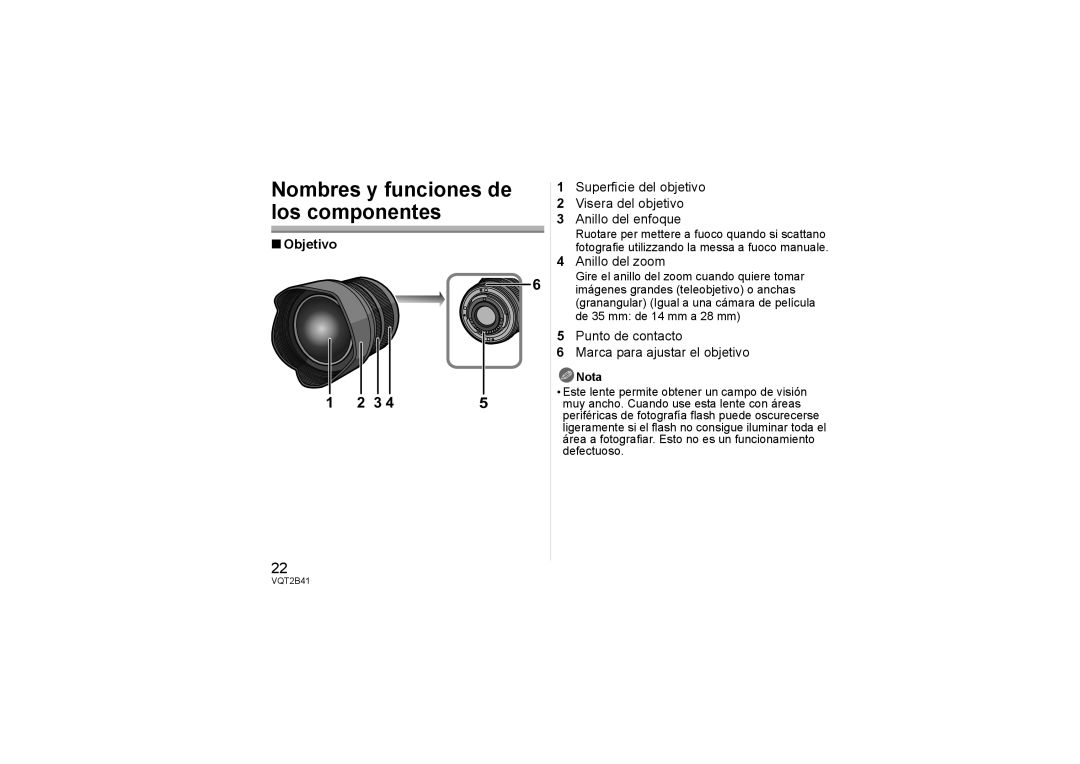 Panasonic H-F007014 operating instructions Nombres y funciones de los componentes, Nota 