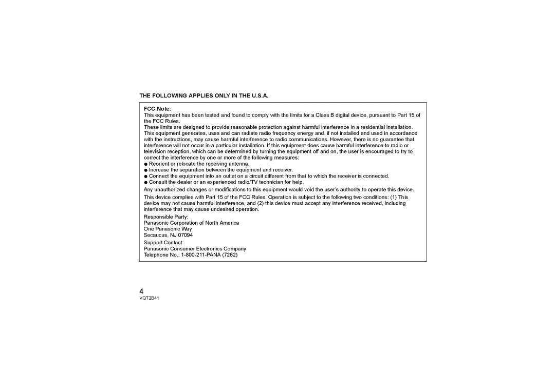 Panasonic H-F007014 operating instructions Following Applies only in the U.S.A 