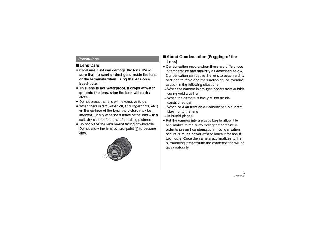 Panasonic H-F007014 Lens Care, About Condensation Fogging Lens, ≥ Do not press the lens with excessive force 