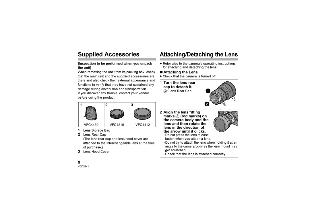 Panasonic H-F007014 Supplied Accessories, Attaching the Lens, Turn the lens rear cap to detach it, Arrow until it clicks 