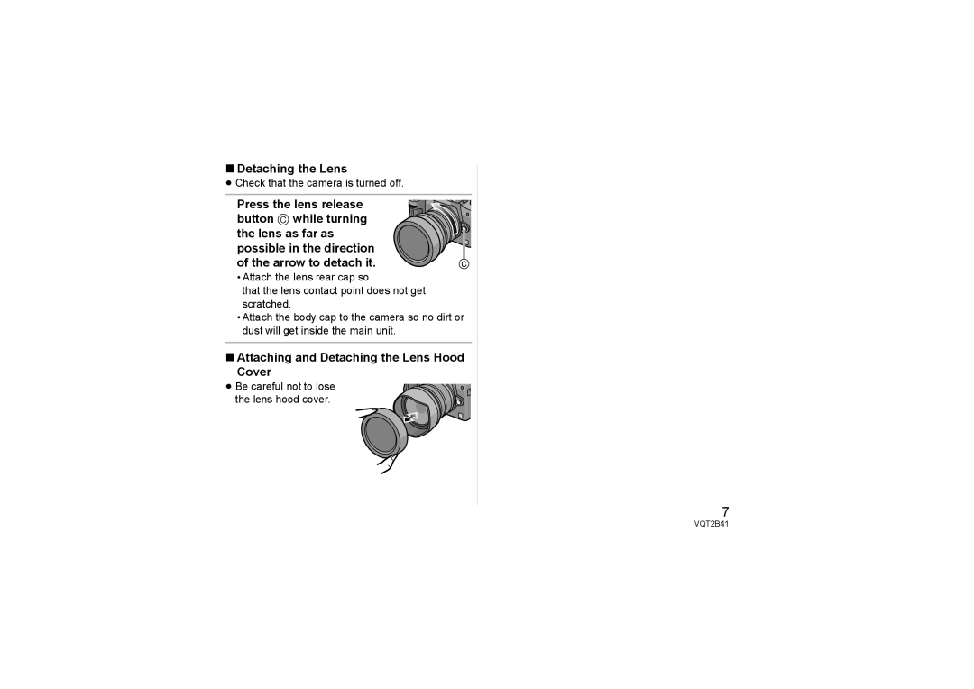 Panasonic H-F007014 Attaching and Detaching the Lens Hood Cover, ≥ Be careful not to lose the lens hood cover 