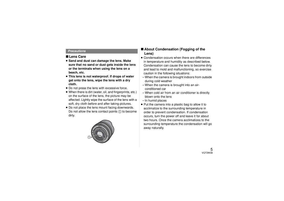 Panasonic H-F008 operating instructions Lens Care, About Condensation Fogging Lens 