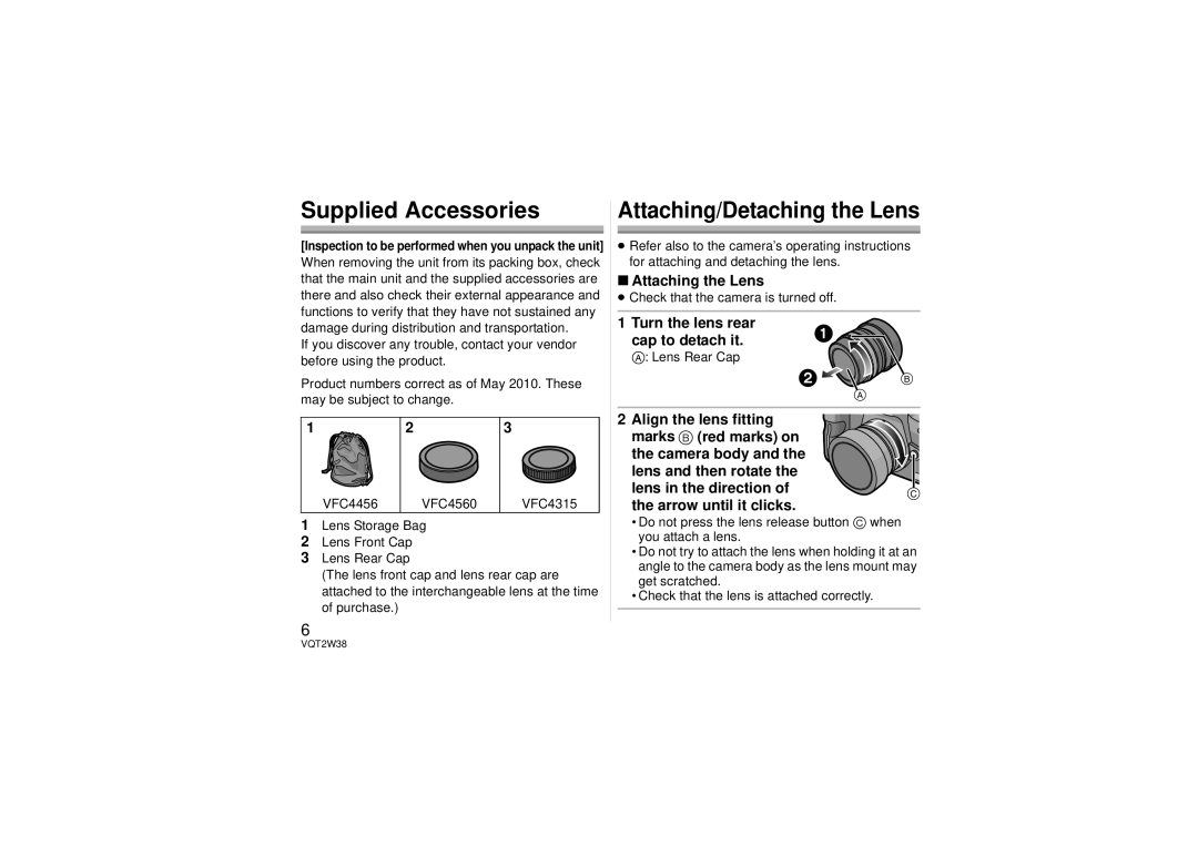 Panasonic H-F008 operating instructions Supplied Accessories, Attaching the Lens, Turn the lens rear cap to detach it 