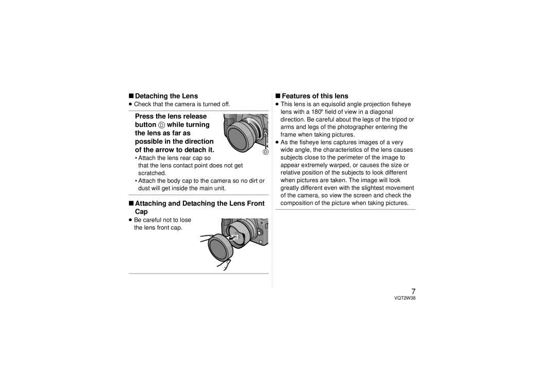 Panasonic H-F008 operating instructions Attaching and Detaching the Lens Front Cap, Features of this lens 